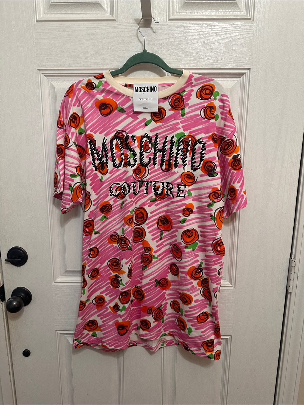 Moschino Pink Rose-Print Logo T-Shirt Dress